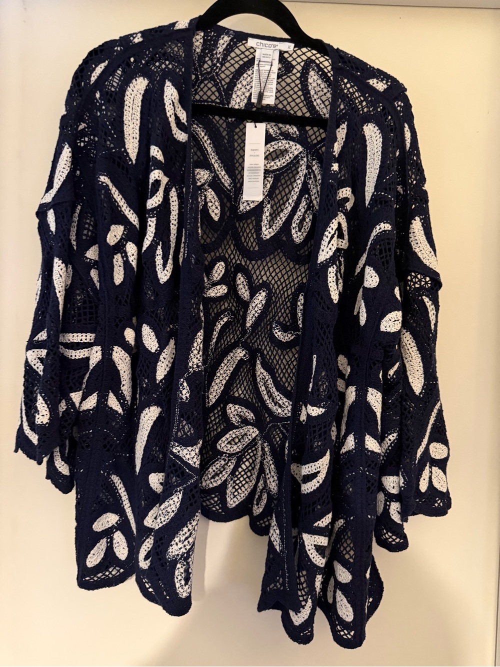 Chico's Navy and White Openwork Crochet Cardigan Shrug